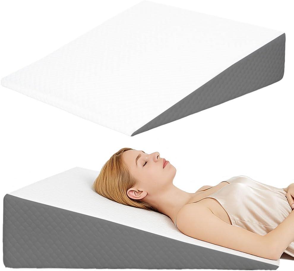 Wedge Pillow, Bed Wedge Pillows for Sleeping, Snoring, Back Support, After Surgery, Foam Triangle Pillow, Removable Washable Cover, 10in/White Grey