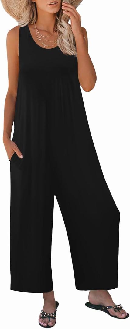 Women's Summer Casual Loose Tank Jumpsuit Sleeveless Crewneck Long Pants Jumpsuit Romper with Pockets (Large, Black)