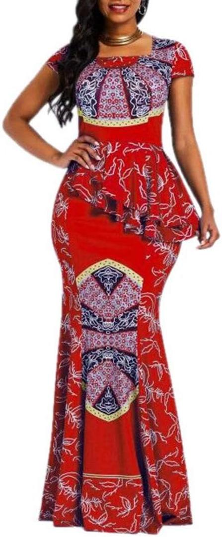 VERWIN African Dress Cap Sleeve Square Neck Floor-Length Geometric Mermaid Maxi Dress Long Dress (Red), XL