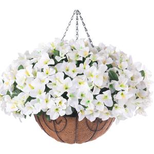 Artificial Hanging Flowers Plant with Basket for Outdoors, Fake Hanging Plants Silk Bougainvillea in Planter Look Real UV Resistant Faux Flower for Porch Patio Garden Home Decor, White 