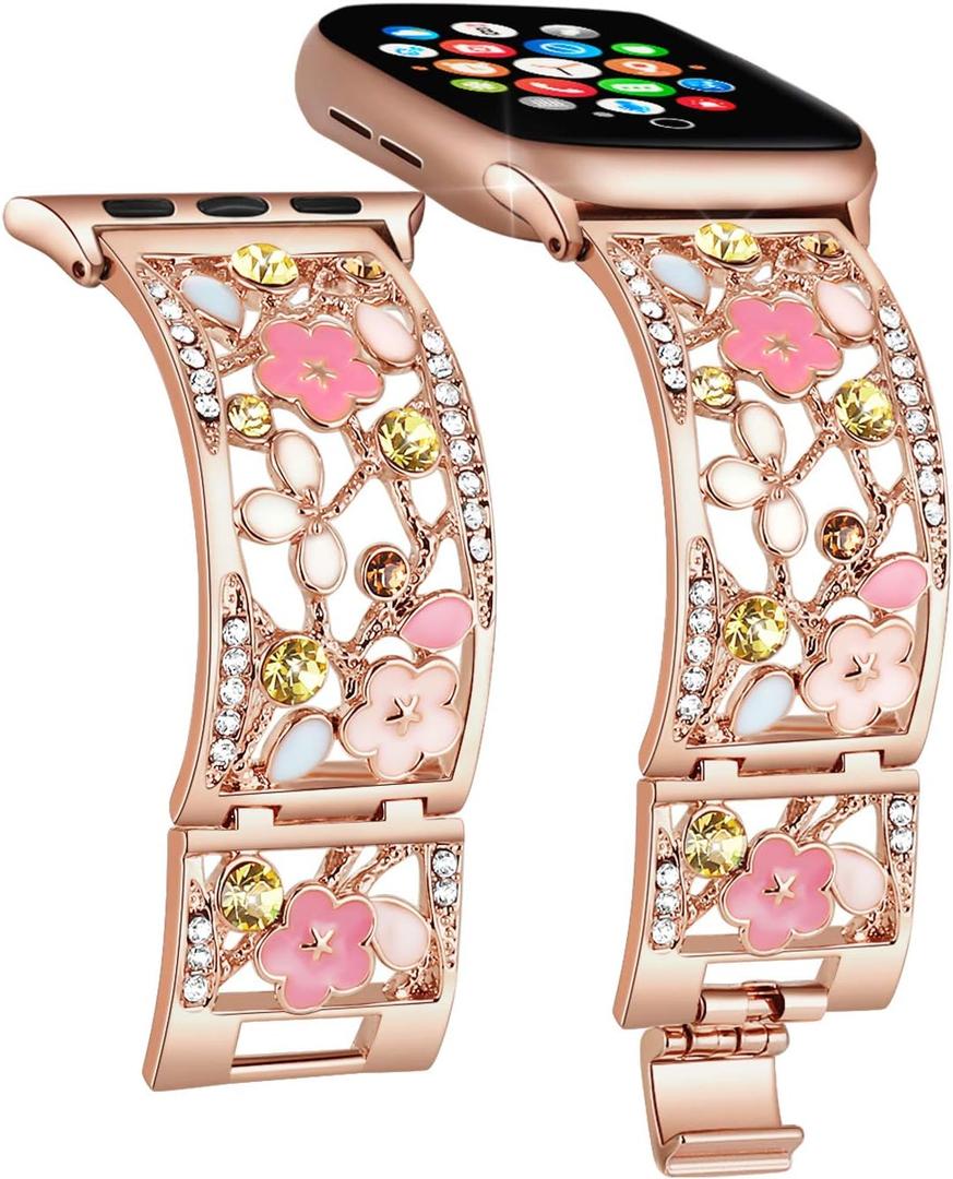 Floral Bracelet Compatible with Apple Watch Band 38mm 40mm 41mm 42mm iWatch Bands Series 11 10 9 8 7,Bling Crystal Hollow Metal Strap,Cute Women Dressy Jewelry Wristband(38/40/41/42mm,Rose Gold)