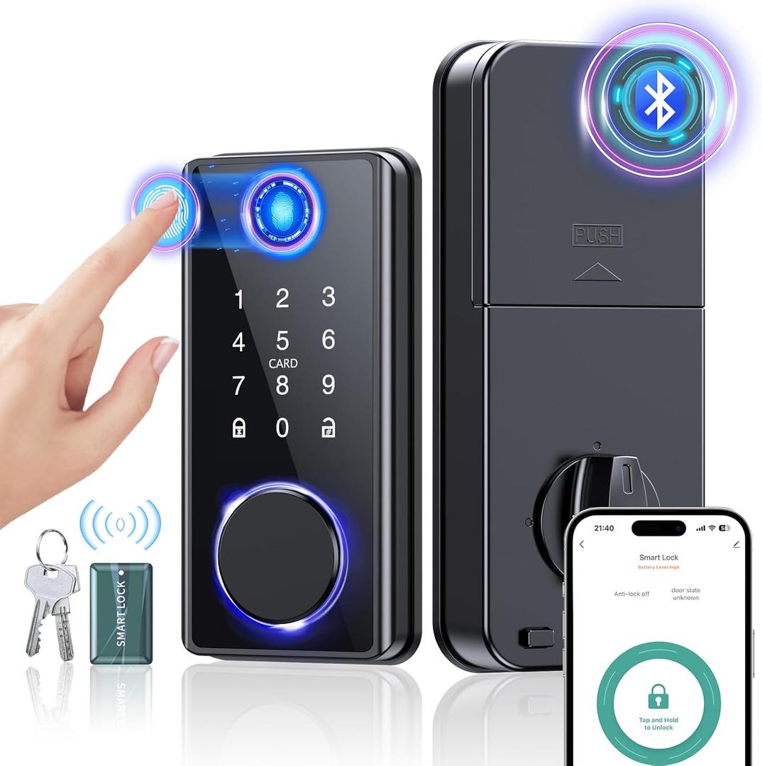 Keyless Entry Fingerprint Door Lock - Smart Deadbolt Lock for Front Door with Keypad - Electronic Lock with APP - Biometric Digital Lock with Code - Auto Lock (Black-2)