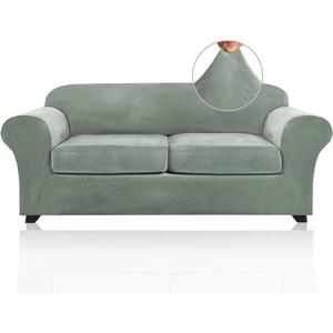 PrinceDeco Couch Cover Velvet Plush Sofa Covers for 2 Cushion Couch Width Up to 90 Inch Washable Furniture Protector Pet Friendly No Slip Sofa Slipcover(Medium-Large, Seagrass)