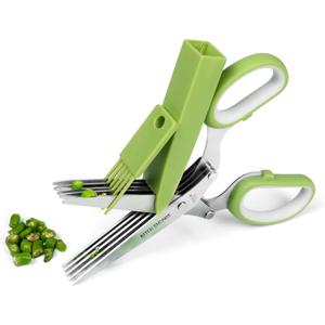 KitchShears Herb Scissors with 5 Blades and Cover - Premium Quality Stainless-Steel Herb Cutter for Kitchen & Garden Herbs - With safety Cover and Cleaning Comb - Dishwasher Safe & Easy to Clean (Green- Pack of 3)