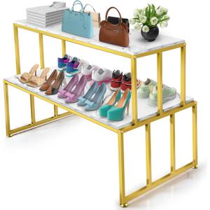 Metal Shoe Handbag Display Stand, 2 Tier Heavy Duty Display Table, Modern Standing Display Riser Shelf for Retail Stores, Iron and Wood, Gold