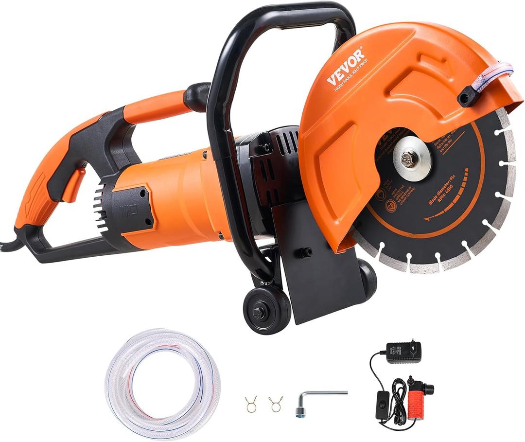 VEVOR Electric Concrete Saw, 9 in Circular Saw Cutter with 3.5 in Cutting Depth, Wet/Dry Disk Cutter Includes Water Line, Pump and Blade, for Stone, Brick, Porcelain, Concrete, 1800W Motor