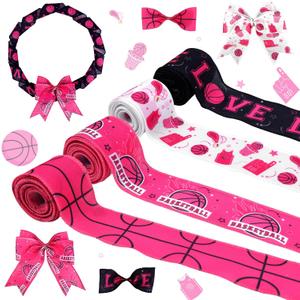 4 Rolls 20 Yards Basketball Ribbon Pink for Wrapping Gifts Packaging Wreath Bows DIY Craft Sports Ball Basketball Birthday Baby Shower Party Decoration for Team Spirit Party Decor Supply