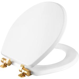 Mayfair Bennett Toilet Seat with Brushed Gold Hinges, Slow Close Wood Seat, Secure Metal Hinges, Easy Install, Made in USA, Round, White