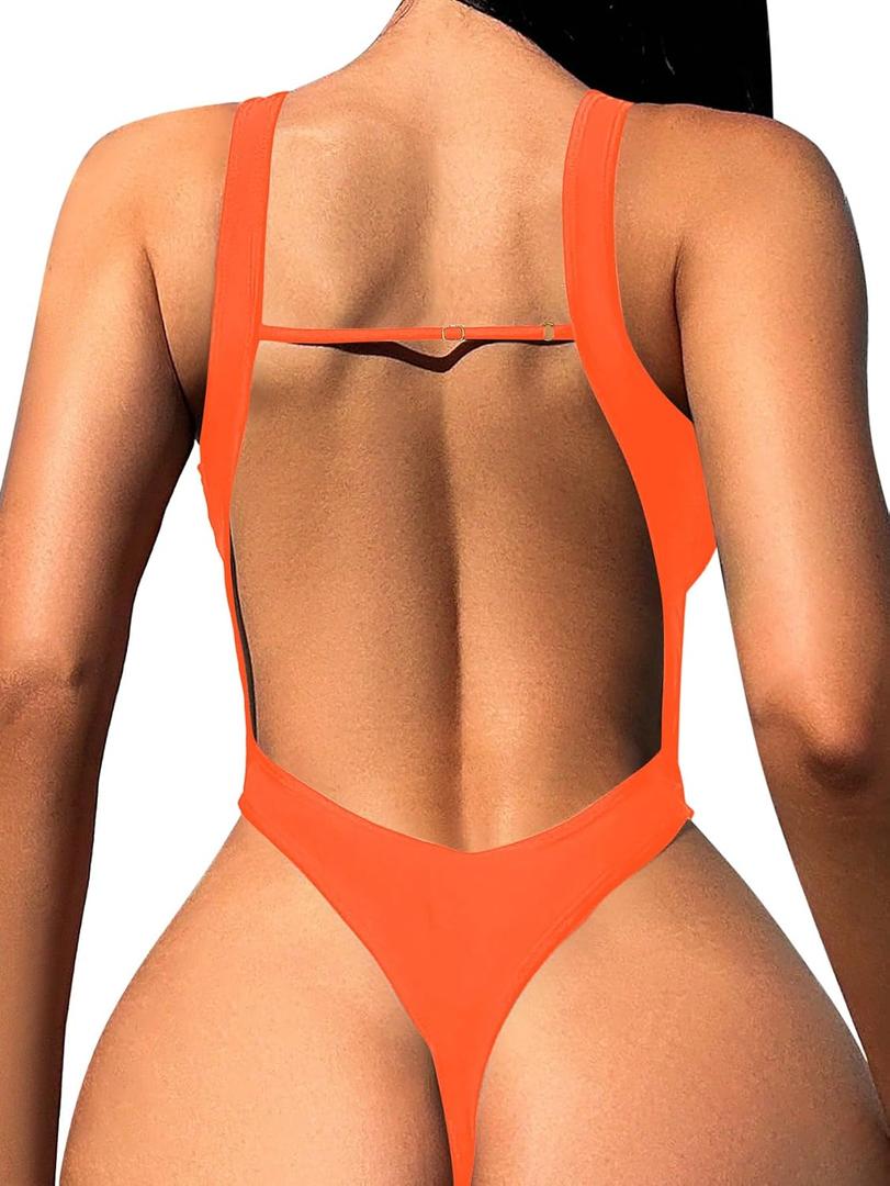 Foxiny Sexy Backless Cheeky High Cut Leg Thong V Neck One Piece Swimsuit,XL