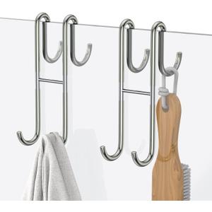 Over Shower Glass Door Hook, 2 Pack Silver 304 Stainless Steel Extended Shower Door Hooks, Bathroom Frameless Drilling-Free Hanger, Double Side Towel Hooks, for Bathing Suits, Robe, Loofah, Shaver