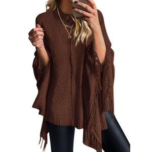 PRETTYGARDEN Women's 2025 Fall Winter Poncho Sweaters Trendy Chunky Knit Fringe Shawls Wraps Pullover Tops Holiday Outfits (Brown,Medium)