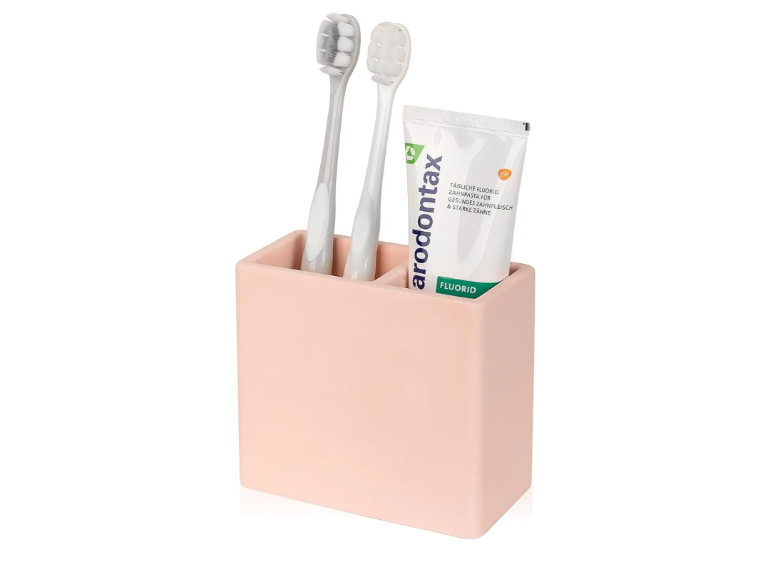 Toothbrush Holder 2 Slots Tooth Brush Holder for Bathroom, Kids Electric Toothbrush and Toothpaste Organizer for Countertop, Shower, Vanity, Blush Pink
