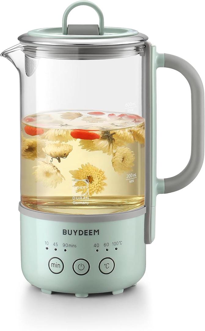 BUYDEEM K313 Travel Electric Kettle, Mini HealthyCare Beverage Kettle, Tea Maker with Heat Resistant DURAN® Glass & Durable Pro 18/10 Pro Stainless Steel, 0.6L, Cozy Greenish