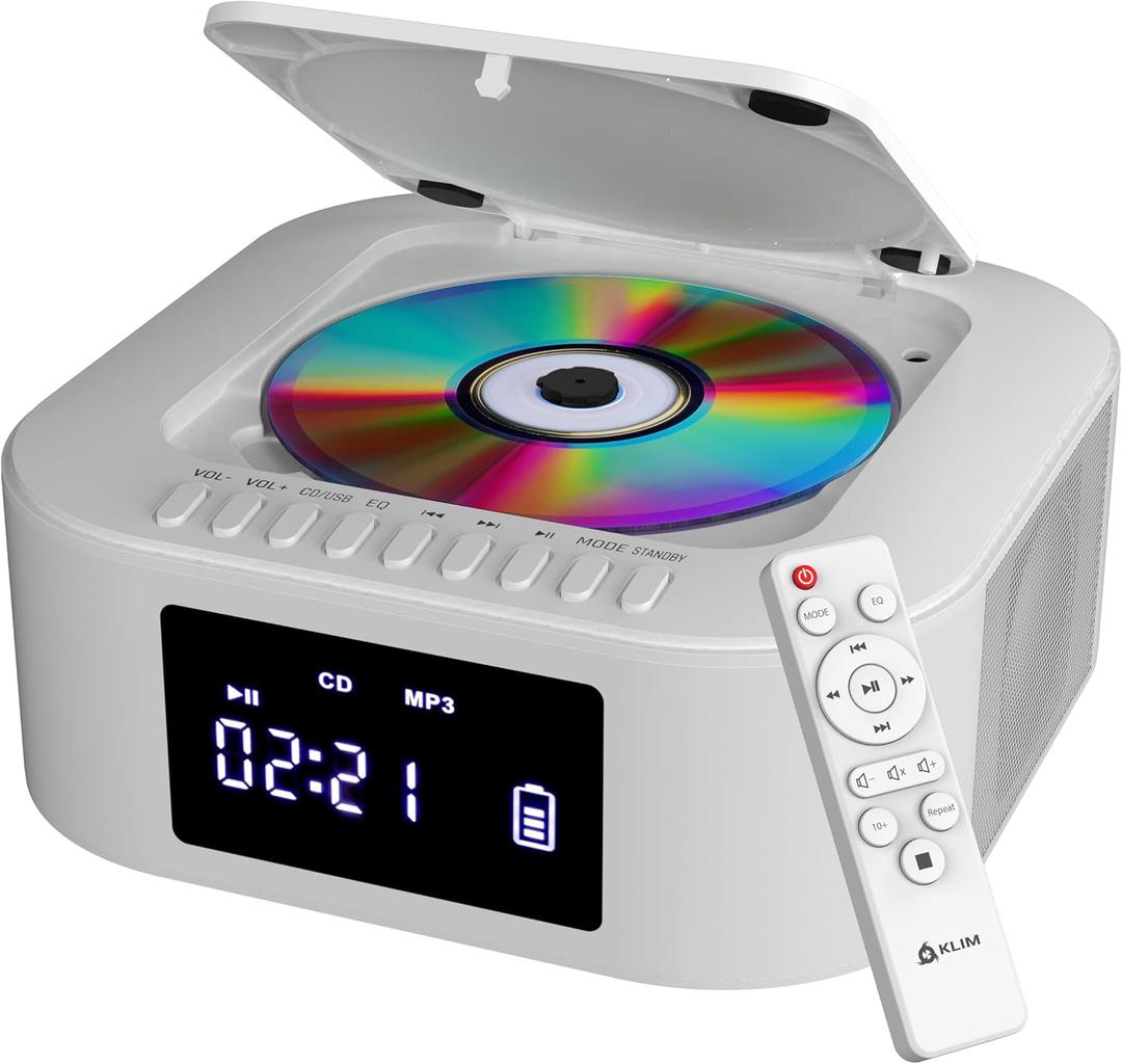 KLIM Boombox E1 - CD Player Portable Audio System + Extra BASS with Subwoofer + FM Radio, CD MP3 Bluetooth AUX USB + Wired and Wireless Mode Rechargeable Battery + Remote Control - White