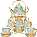 20 Pcs Porcelain Tea Set for Adults with Metal Holder and Spoon European Ceramic Tea Party Set Flower Painting Teapot Cup Saucer for Women Gift, Serving 6 People(Modern)