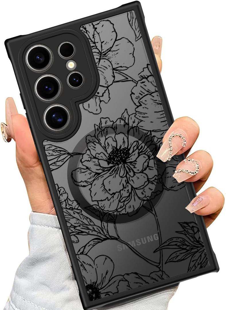 SEXYMOM Magnetic for Samsung Galaxy S24 Ultra Case - Wireless Charging Compatible,Cute Floral Design for Women and Girls,Slim Fit Translucent Matte Phone Case - Blooming Flower
