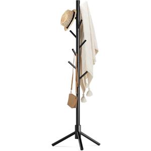 Haddockway Wooden Coat Rack Stand with 8 Hooks New Zealand Pine 3 Adjustable Coat Standing Tree Easy Assembly for Coats, Hats, Scarves and Handbags for Entryway, Hallway, Bedroom, Office (1 PC, Black)