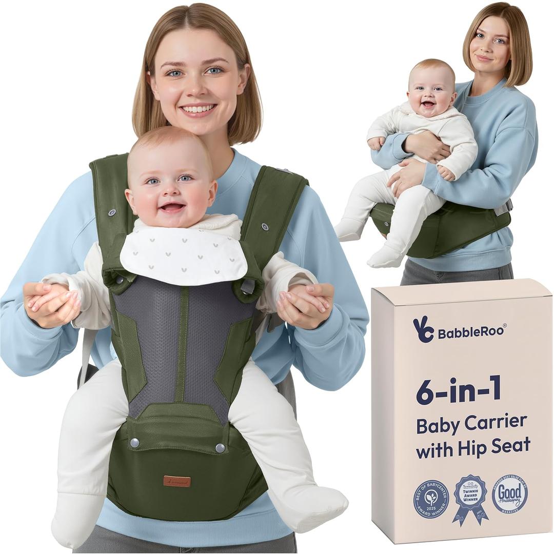 BabbleRoo 6-in-1 Baby Carrier with Hip Seat, Ergonomic Newborn to Toddler Carrier 7–50 lbs, Front Back Hip Carry, Lumbar Support, Sun Hood, Safety-Certified, Seaweed Green