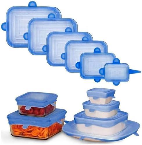 Reusable Silicone Stretch Lids, BPA Free, Airtight Seal, Fits Bowls, Pots, and Containers, Dishwasher Safe, Set of 6 Rectangulares (6, Blue, 2.3-3.7-4.5-5.7-6.29-7)