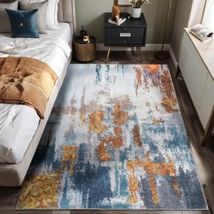 Entryway Rug Indoor Door Mat 3x5 Washable Boho Small Area Rug Non-Slip Ultra Soft Faux Wool Vintage Rug for Kitchen, Bathroom, Entrance, Throw Carpets for Bedroom, Living Room (Blue, Grey, Gold)