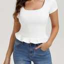 Belle Poque 2026 Summer Cute Tops for Women Short Sleeve Crop Tops Square Neck Ruffle Hem T Shirts (White, L)