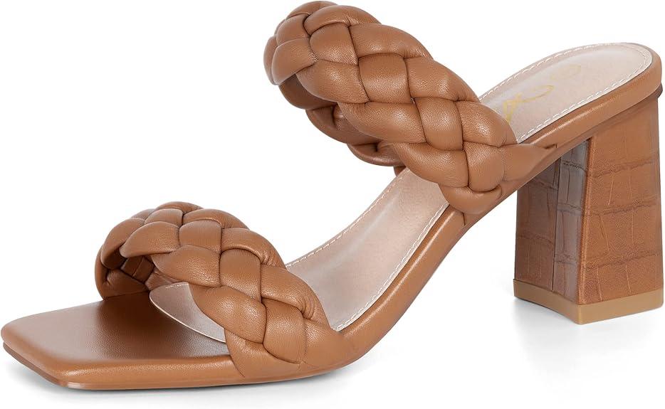 Athlefit Women's Braided Heeled Sandals Summer Square Open Toe Chunky Block Heels
(Size 8)