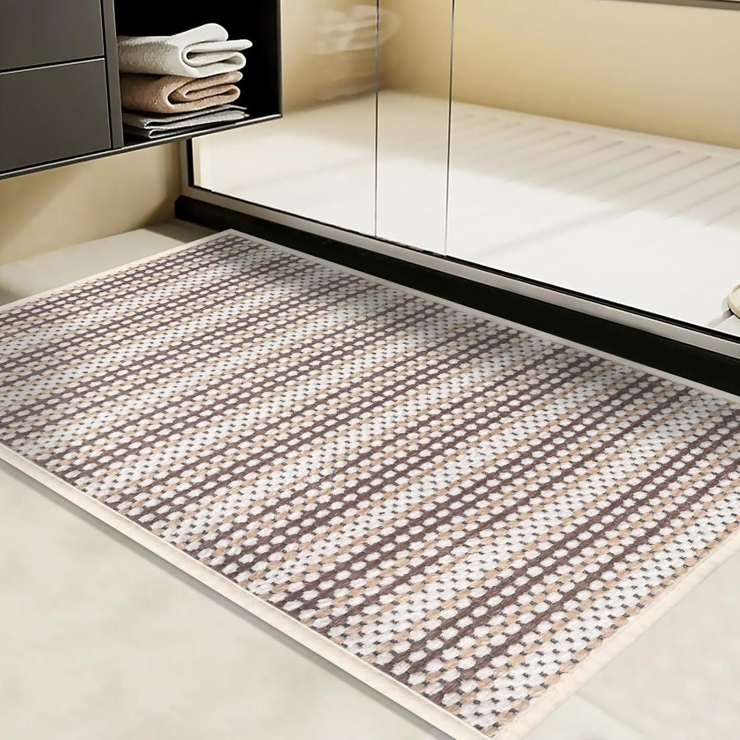 Bath Mat Ultra Thin Bathroom Rugs, Soft Braided Non-Slip Washable Bath Mat, Super Absorbent Bath Rug Mat, Rubber Backing, Fit Under Door Bathroom Floor Tub, Coffee Dot Pattern,16"24"