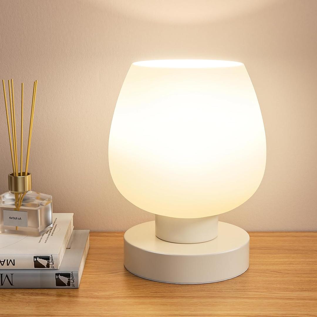 Seealle Touch Table Lamp for Nightstand - Small Bedside Lamp for Bedroom Living Room Night Stands, Desk Lamp with White Glass Shade for Small Spaces, 3 Way Dimmable, LED Bulbs, Gifts (Non-USB)