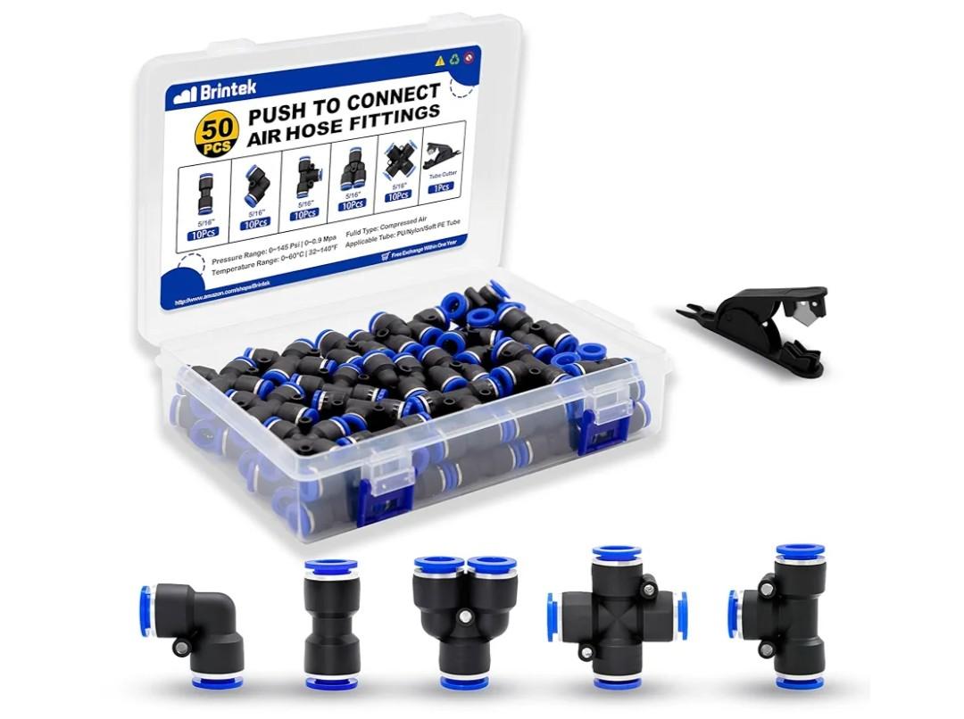 25PCS Push to Connect Fitting Kit, 5/16" or 8mm Air Hose Quick Connectors Pneumatic 10 Spliters+10 Elbows+10 Tee+10 Straight+10 Cross with 1PCS Tube Cutter