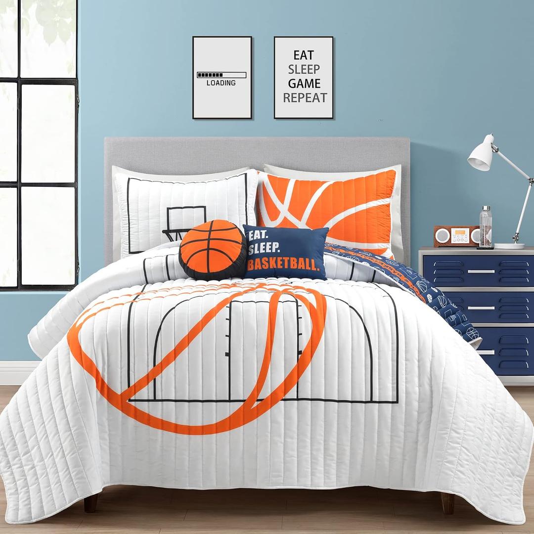 Lush Decor Basketball Game Reversible Quilt Queen Size 5 Piece Set, Full/Queen White & Navy - Kids Bedding Set - Queen Size Quilt - Sports Dcor