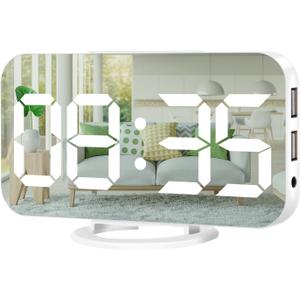 Digital Alarm Clock,Large Display LED And Mirror Desk Clock With Dual USB Charger Ports, 3 Levels Brightness,12/24H Alarm Clocks, Modern Electronic Clock for Bedroom Living Room Office - White