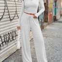 Trendy Queen Women's 2 Piece Matching Lounge Sets Long Sleeve Henley Neck Slightly Crop Top Wide Leg Pants Casual Sweat Suit (Gray, S)