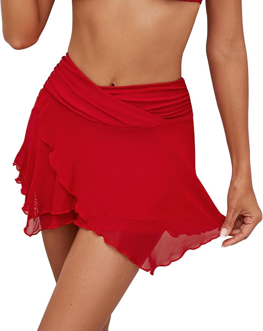 GRAPENT Swim Skirt Bottoms for Women Criss Cross High Waisted Bikini Bottom Layered Mesh Flowy Shorts Bathing Suit Skort (Red, L)