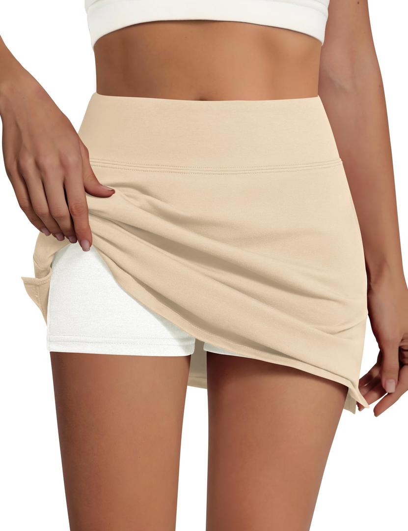 Sarin Mathews Women's Skort 95% Cotton Mini Tennis Skirt with Built-in Shorts and Pockets for Golf Pickleball Running Beige XL (Beige, XL)