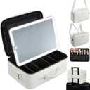 Large Makeup Bag with LED Mirror,Travel Cosmetic Train Case for Makeup Artists,Makeup Organizer Case with Divider Rechargeable Vanity Mirror with 3 Color Lights for Barber,MUA,Nail Tech, Beige