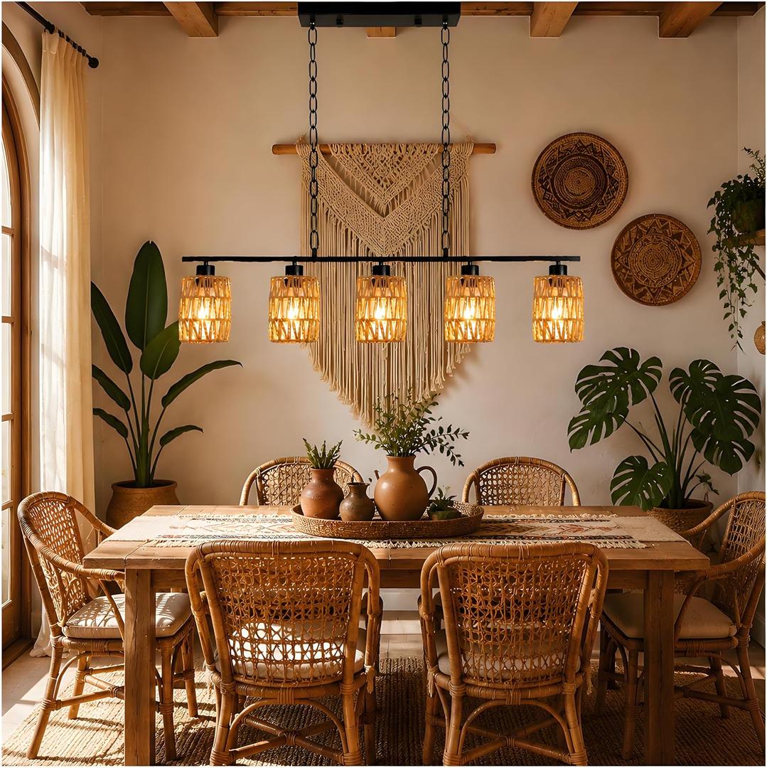 Boho Rattan Chandelier Farmhouse Dining Room Light Fixture 5 Light Woven Pendant Lighting for Kitchen Island Handwoven Wicker Ceiling Hanging Lamp for Living Room Bedroom Entryway Adjustable Height