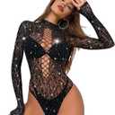 Women Sexy Lace Leopard Fishnet Bodysuit, One Piece Mesh Full Rhinestone Lingerie, Sparkle Music Festival Rave Outfits (Black)