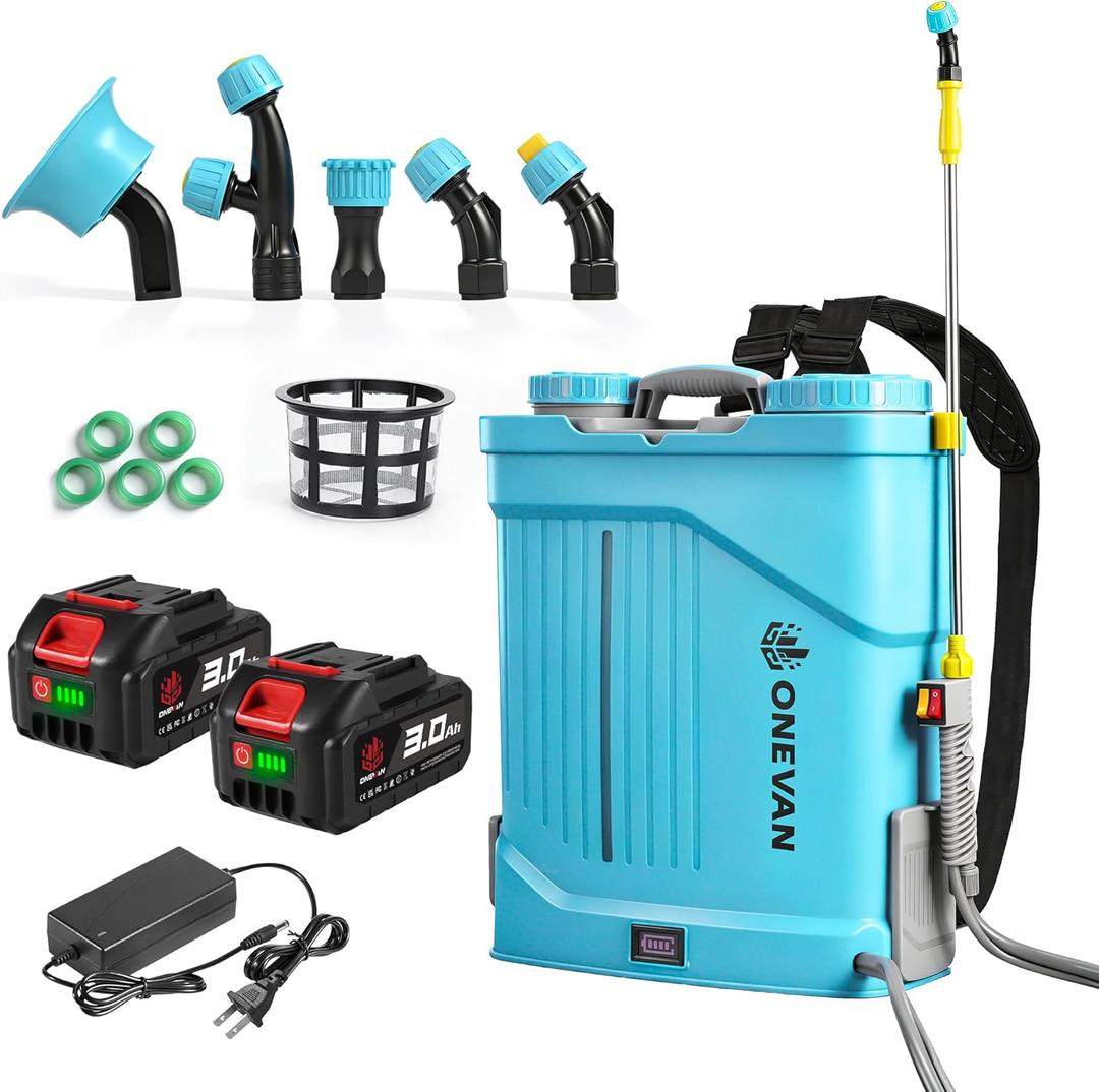 Battery Powered Backpack Sprayer 5.3 Gallon, 0-100 PSI Adjustable Pressure Sprayer with 2X3.0A Batteries, Electric Sprayer with Telescopic Wand and 5 Nozzles for Lawn, Garden, Yard, Blue