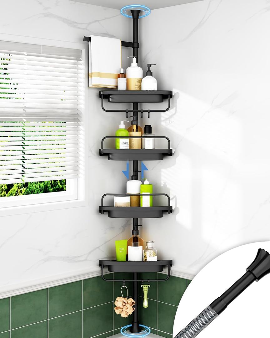 ALLZONE Rustproof Shower Caddy Corner for Bathroom,Bathtub Storage Organizer for Shampoo Accessories,4-Tier Adjustable Shelves with Tension Pole, 39 to 113 Inch, Black