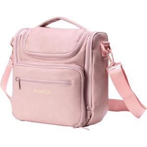 Large Toiletry Bag for Women, Hanging Leather Travel Makeup Bag with 360 Hook and Shoulder Strap, Travel Organizer for Full Sized Container, Toiletries, Brushes (Pink)