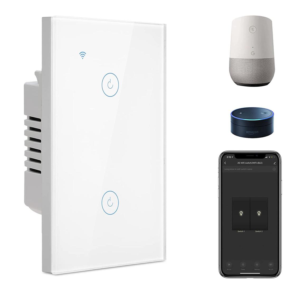 BSEED Smart Light Switch,2 Gang WiFi Touch Switch with Smart Life APP Control and Timing Function,White Single Pole Switches Work with Amazon Alexa,Google Assistant -(3 Way) Multi-Control Association