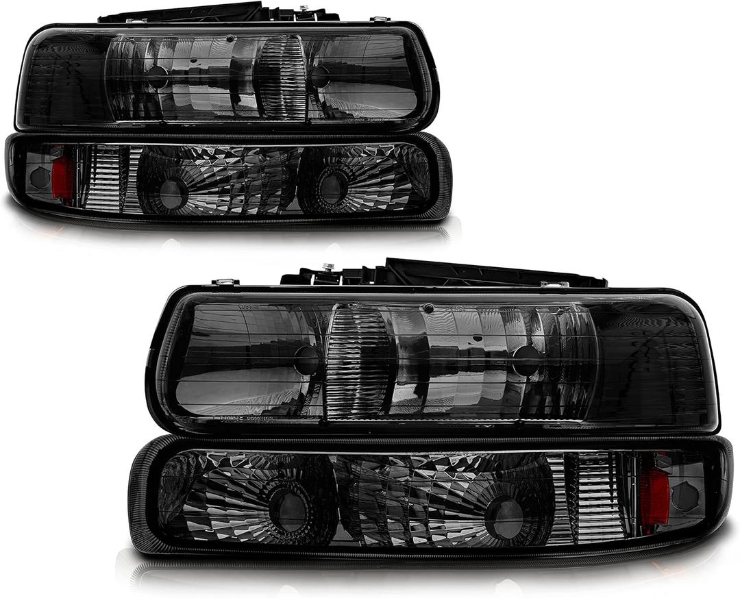 Headlight Assembly Compatible with 1999-2002 Chevy Silverado 1500 2500/2000-2006 Suburban 1500 2500 Tahoe, Headlamps with Bumper Lights, Fit OE Grill (Smoke Lens Amber Reflector)
