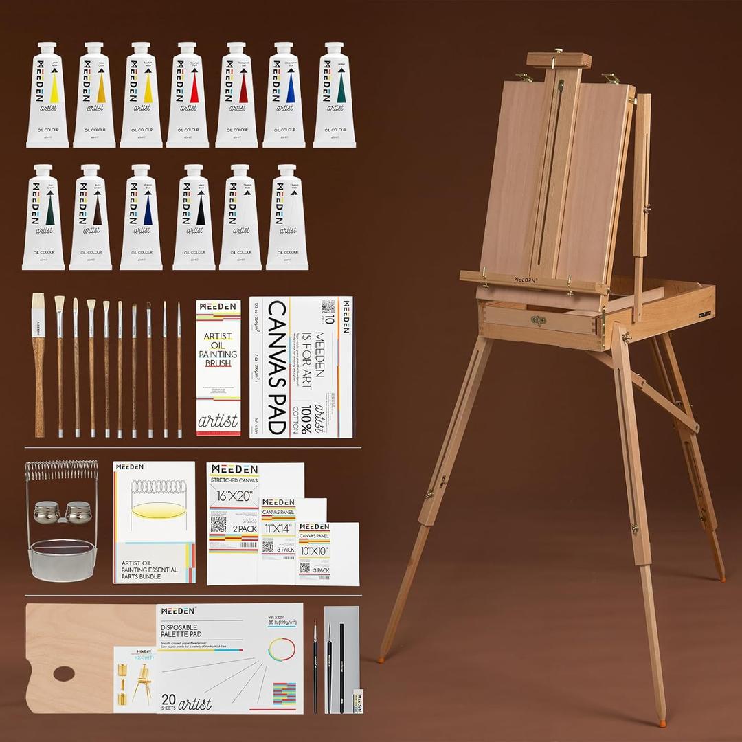 MEEDEN Oil Painting Set with French Easel, Paint Kit with Easel,7x100ml/3.38oz Paint, Paintbrushes,Canvas & Oil Painting Supplies for Adults &Artists