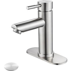 Single Handle Bathroom Sink Faucet Brushed Nickel, Modern Single Hole Bathroom Faucet Stainless Steel Commercial Basin Faucet (Brushed Nickel, with Drain)