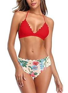 SHEKINI Women's Scalloped Triangle Bikini Floral Print Bottom Two Piece Swimsuit (Red, Small)