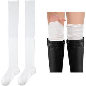 Yolev White Knee High Boot Socks - Knit Womens Long White Thigh High Socks for Boots Stretchy Striped - Thigh Highs Stockings for Women Girls Student Casual (White)