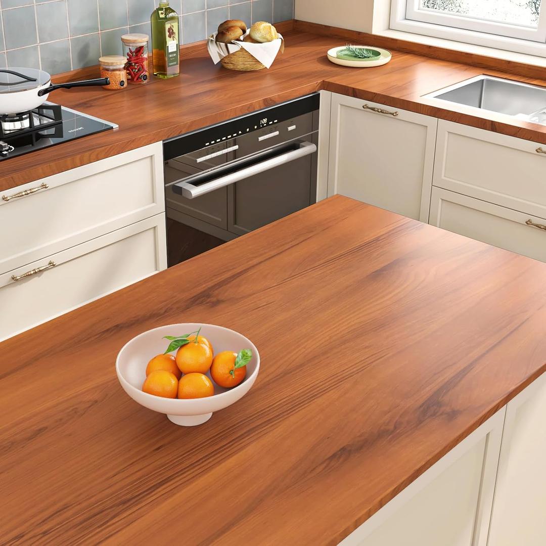 FunStick 24"x200" Brown Walnut Wood Countertop Contact Paper Waterproof Wood Grain Contact Paper for Cabinets Counter Top Covers Self Adhesive Wood Wallpaper Peel and Stick Countertops for Kitchen