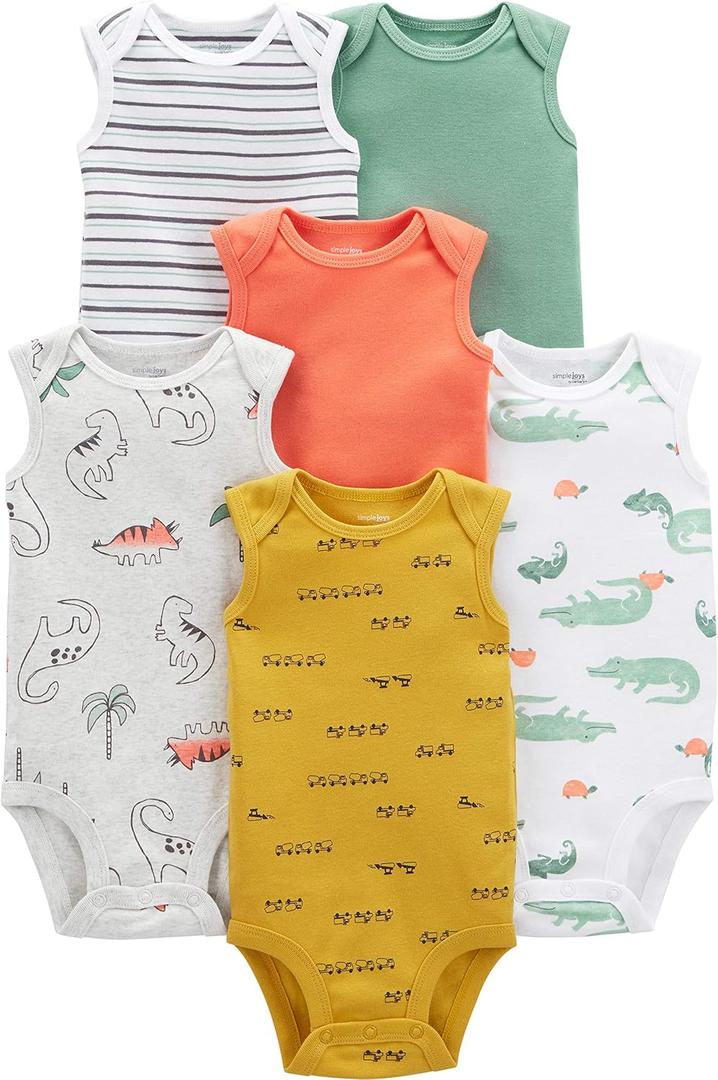 Simple Joys by Carter's Baby Boys' 6-Pack Sleeveless Bodysuits, Alligator/Dinosaur/Stripe/Trucks, 12 Months