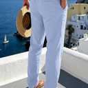 Mens Linen Pants Casual Beach Yoga Pants Elastic Waist Drawstring Straight Leg Loose Lightweight Trousers with Pockets (Blue, XXL)