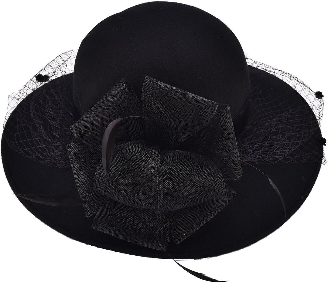 Black Womens Wool Felt Floral Veil Netting Feather Wide Brim Derby Hat A322